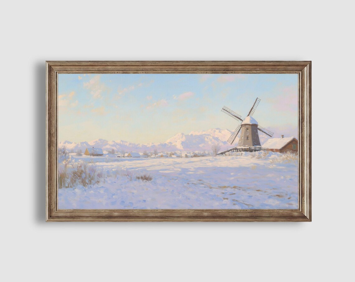 Snowy Windmill with Snow Capped Mountains Glowing in Winter Light Painting Poster - Image 2