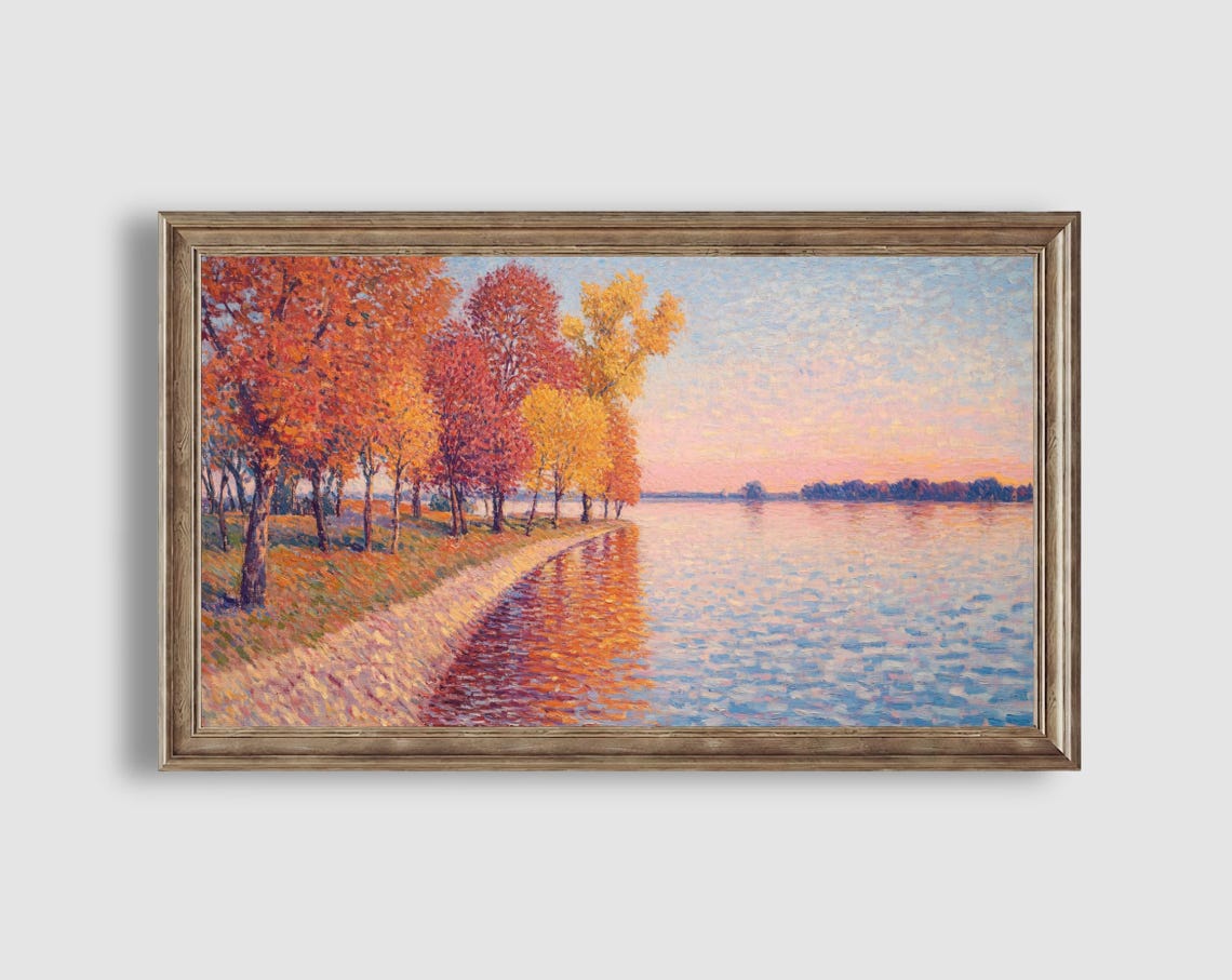 Pointillist Autumn Lakeshore Colorful Trees Landscape Poster - Image 2