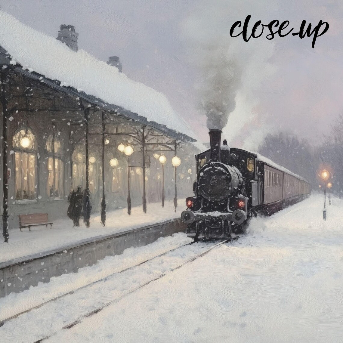 Vintage Steam Train Arriving at a Snowy Evening Station Painting Poster - Image 4