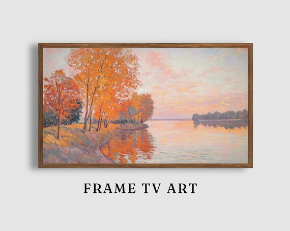 Autumn Lake Sunset Impressionist Orange Trees Pastel Reflection Art Poster