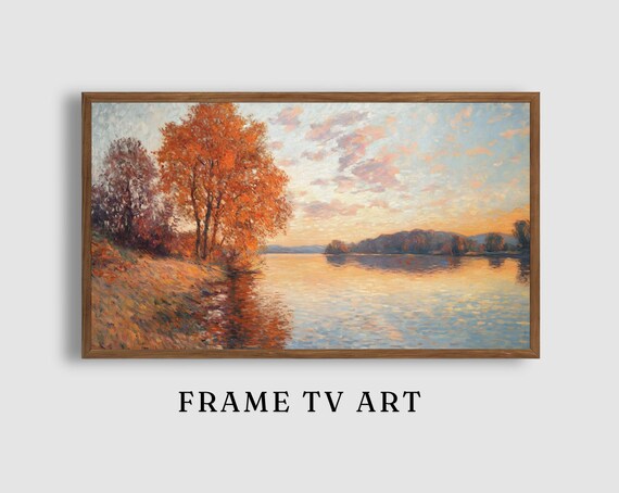 Impressionist Autumn Lake Sunset Shore Orange Trees Landscape Poster