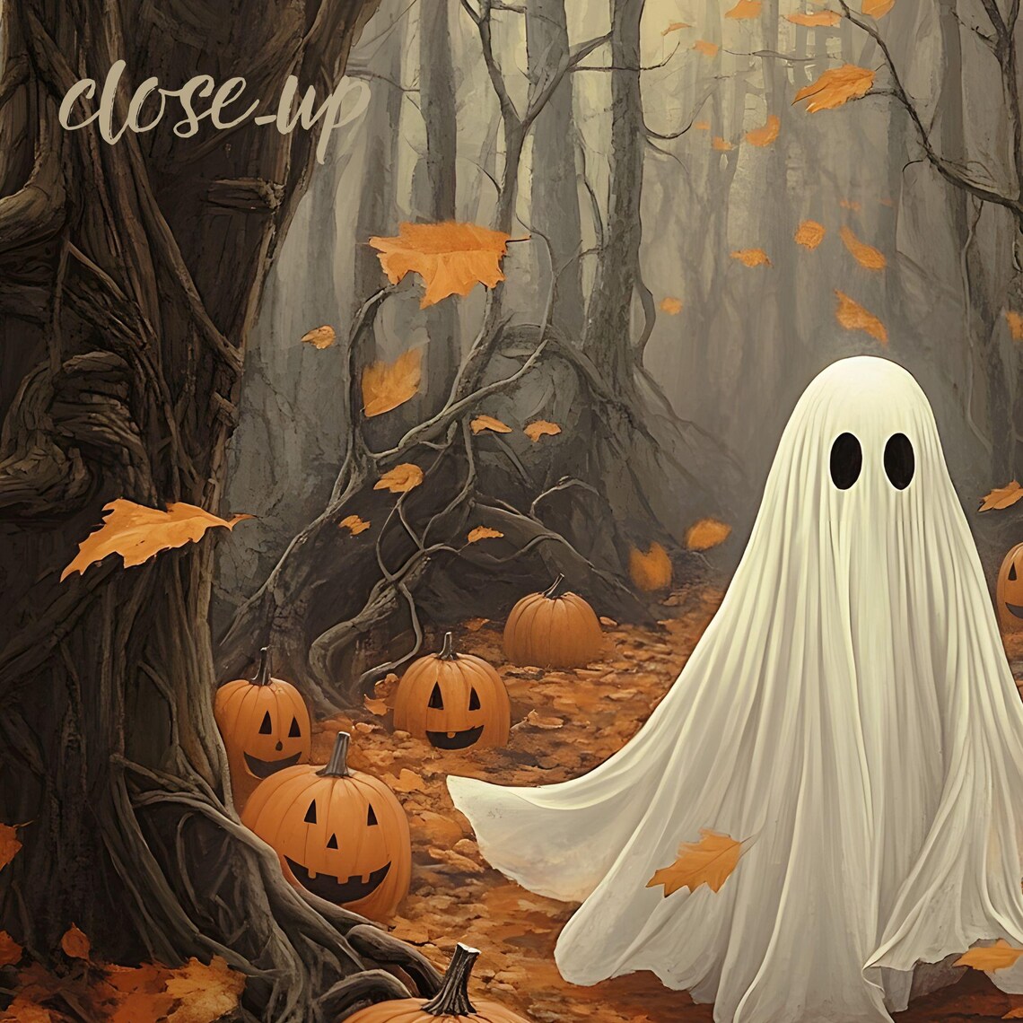 Cute Ghost Among Jack O Lanterns Spooky Autumn Forest Halloween Art Poster - Image 2