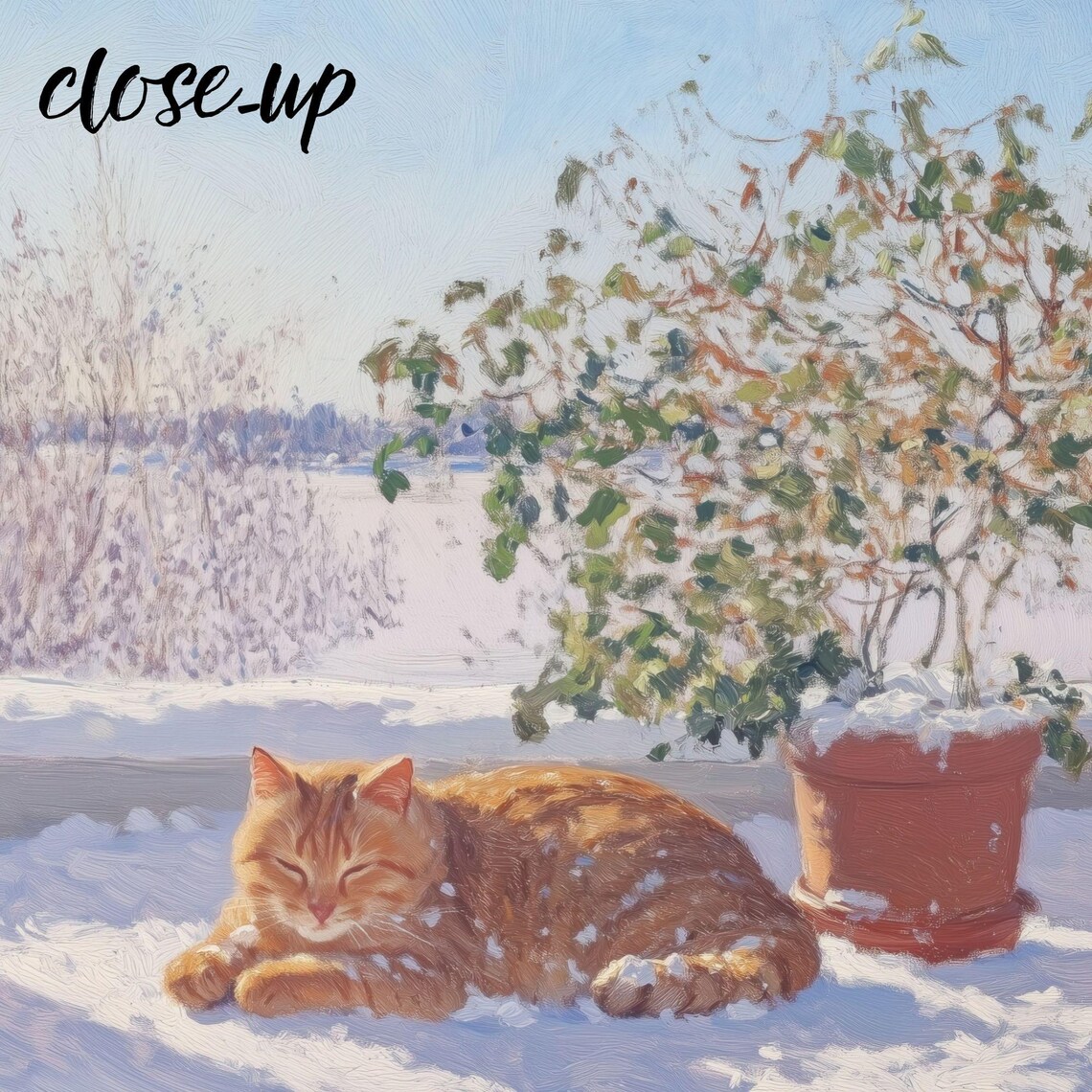 Orange Tabby Cat Sleeping on a Snowy Sunlit Porch by the Open Door Poster - Image 4