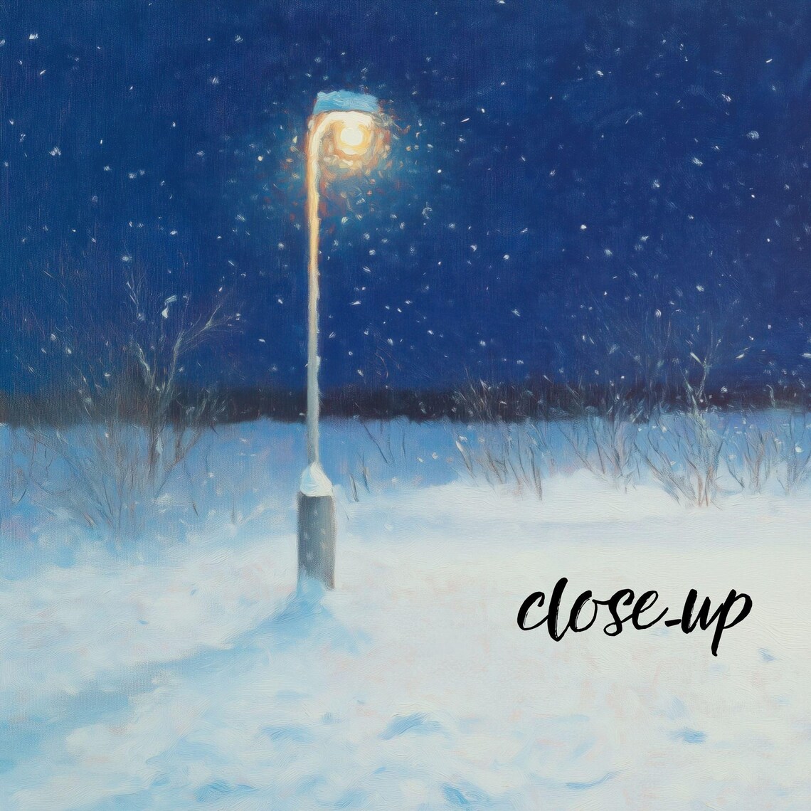 Lonely Snowy Night Bus Stop with a Glowing Lamp Under a Starry Sky Poster - Image 3