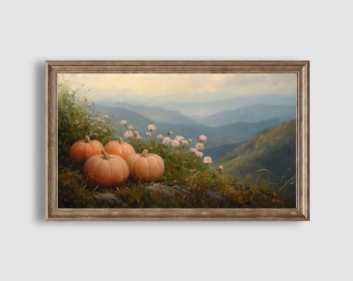 Pumpkins on Rocky Hillside Overlooking Mountain Valley View Poster - Image 2