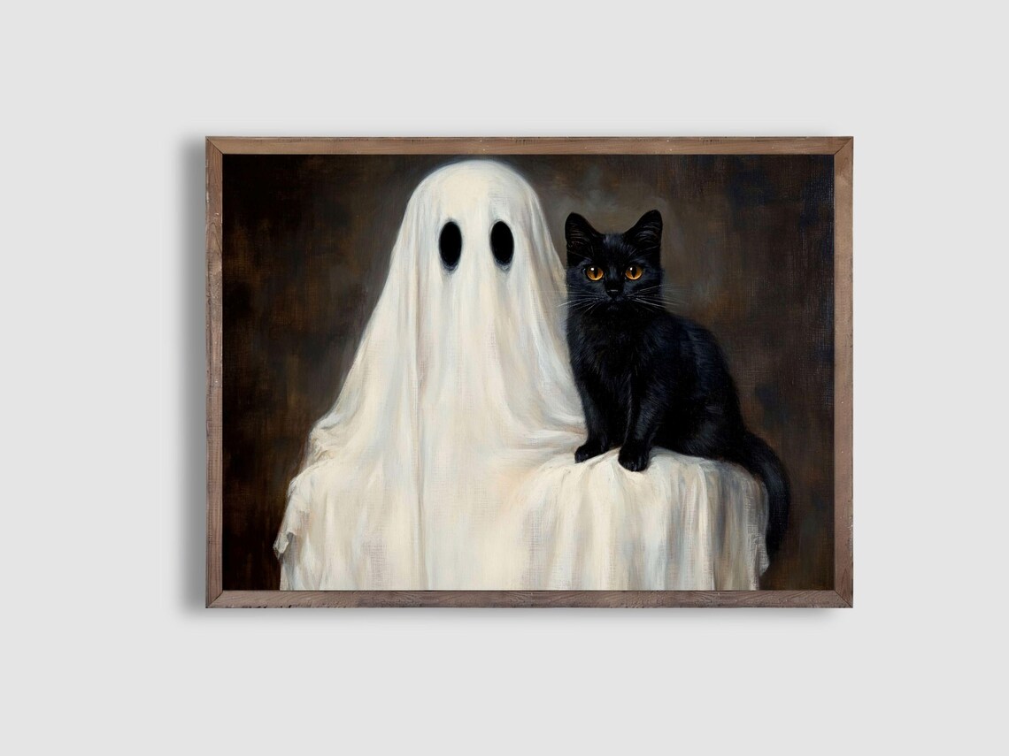 Ghost and Black Cat Vintage Dark Portrait Gothic Halloween Art Poster - Image 4