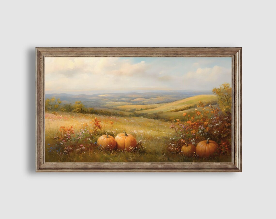Autumn Pumpkin Field Overlooking Rolling Hills and Wildflower Meadow Poster - Image 2