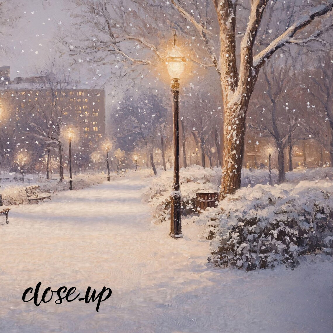 Snowy City Park Path Lamplights Benches Winter Evening Scene Art Poster - Image 3