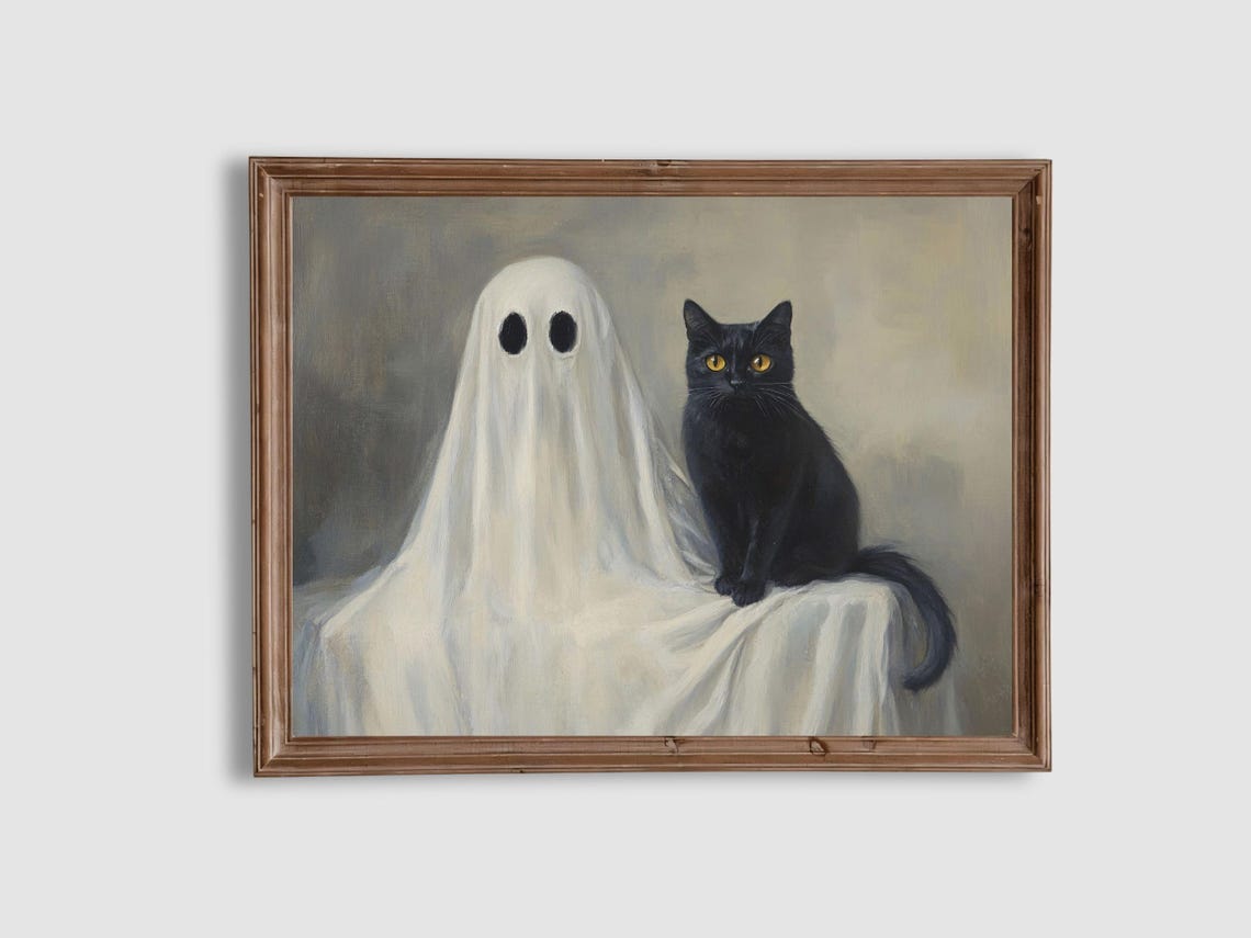 Sweet Ghost with Black Cat Vintage Style Halloween Portrait Print
