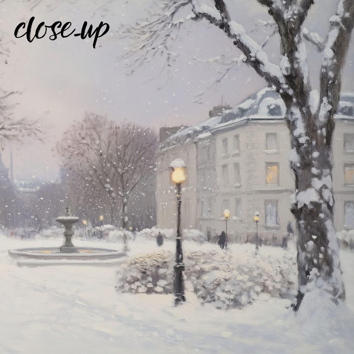 Snowy Park Fountain Lampposts Falling Snow Urban Winter Poster - Image 3