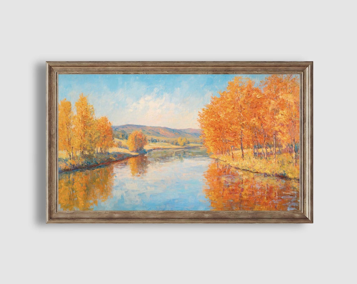 Golden Autumn River Reflection Impressionist Landscape Poster - Image 2