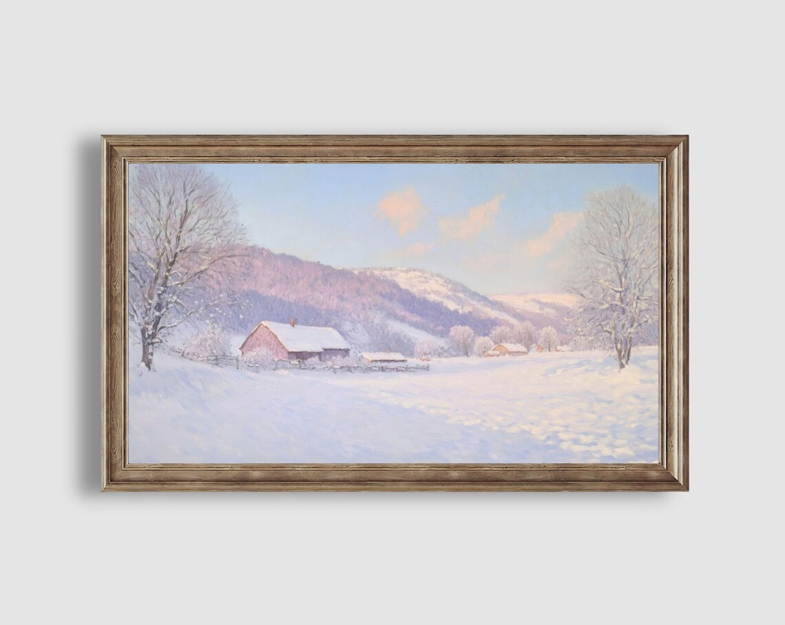 Snow Covered Barn and Rolling Hills on a Bright Winter Day Painting Poster - Image 2