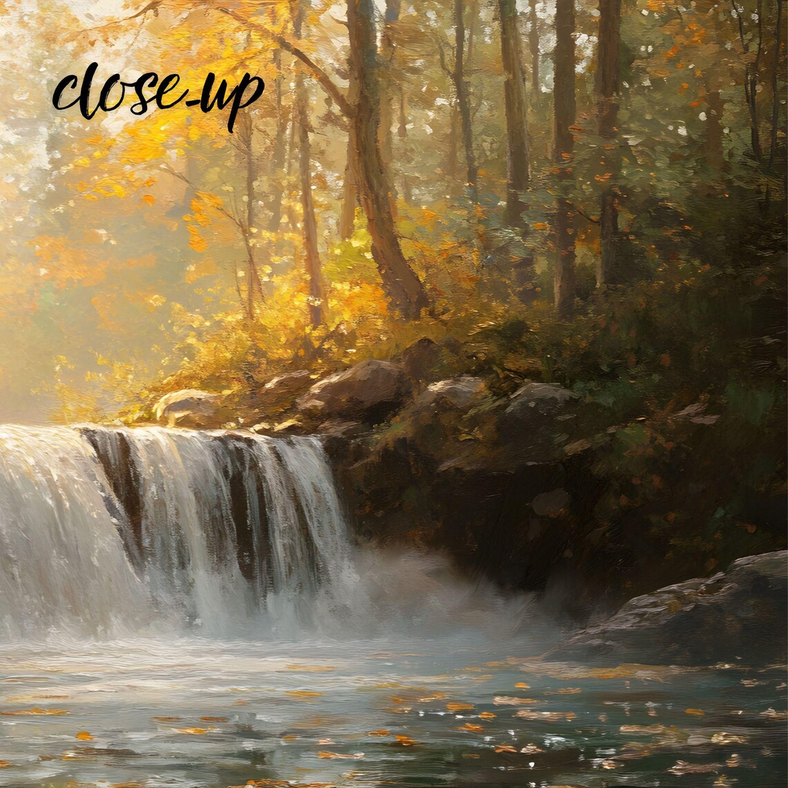 Autumn Waterfall Golden Forest Sunlight Cascading Falls Landscape Art Poster - Image 3