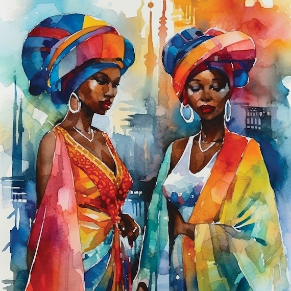 African Women Walking From Market African Inspired Afrocentric Prints Vibrant Colors Black Themed Art Colorful Home Wall Decor