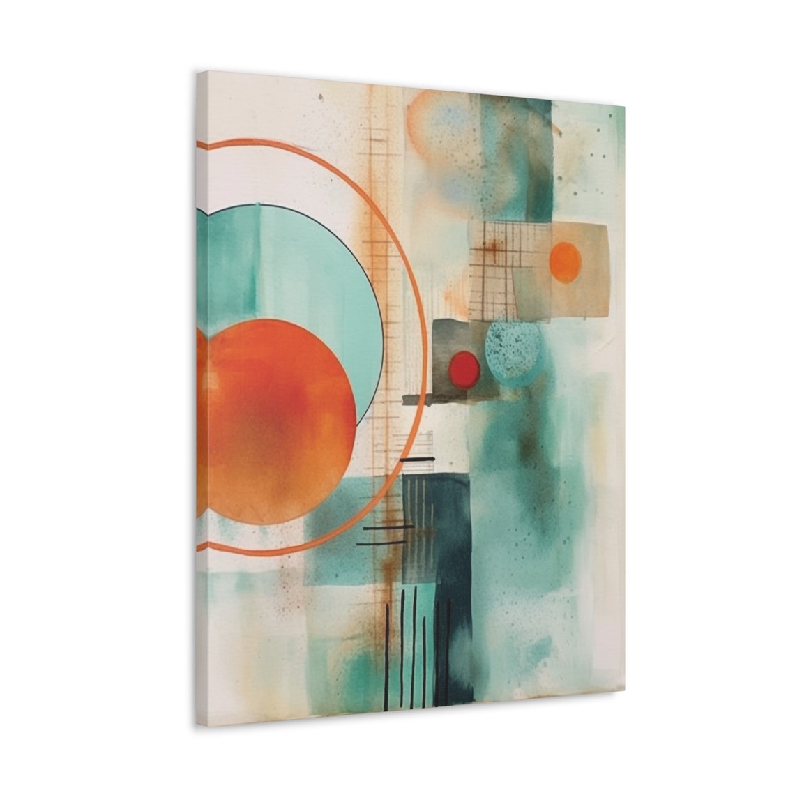Teal And Orange Abstract Circles Watercolor Geometric Wall Art - Image 3