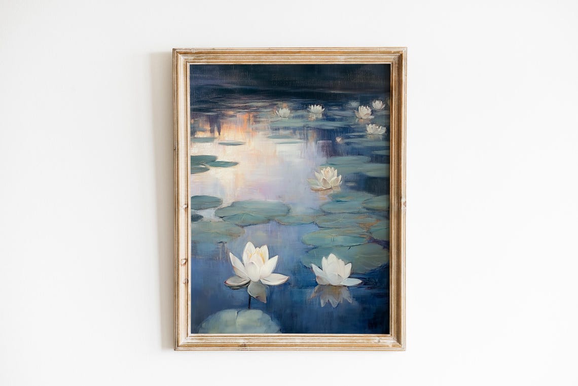 White Water Lilies On A Twilight Pond Serene Oil Painting Poster