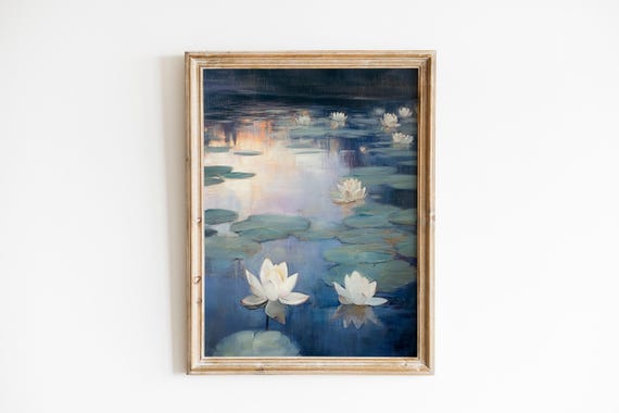 Asianinspired Blossom Art Serene Pond Painting Moody Temple Reflections Wall Decor 591