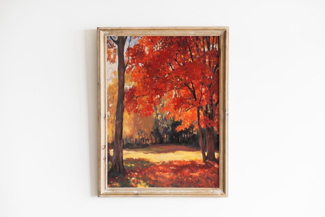 Crimson Maple Trees Blazing in Golden Autumn Light Fall Painting Poster