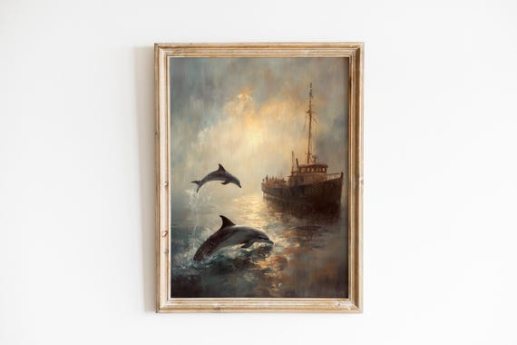 Moody Coastal Dolphins Print Vintage Nautical Art Dramatic Seascape With Fishing Boat Stormy Dusk Scene 239