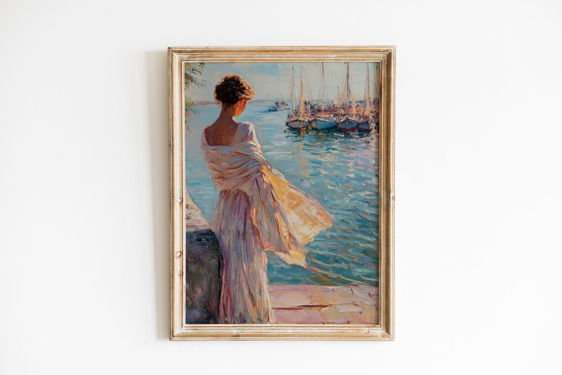 Woman in White Dress Harbor View Vintage Oil Painting Coastal Print