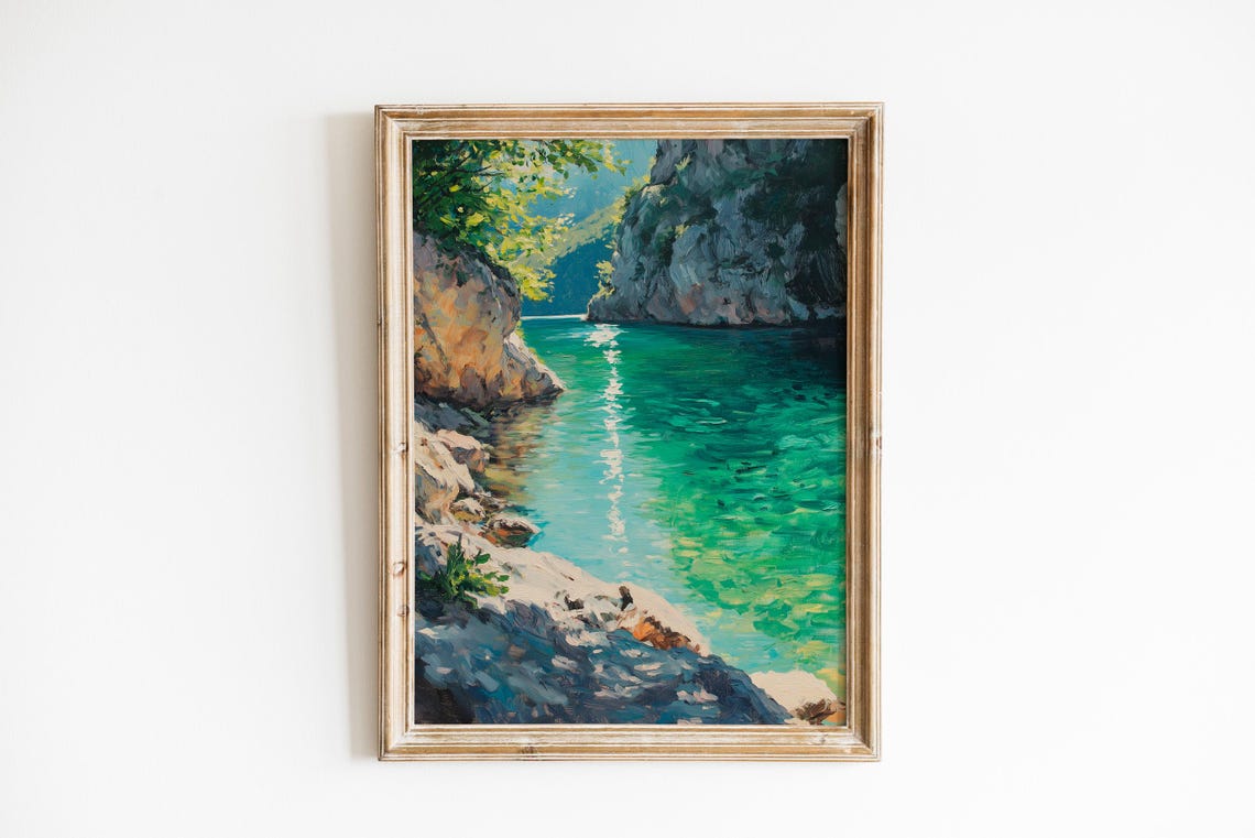 Bosnia Emerald Lake Cliffs Around Sunlit Turquoise Cove Art Poster