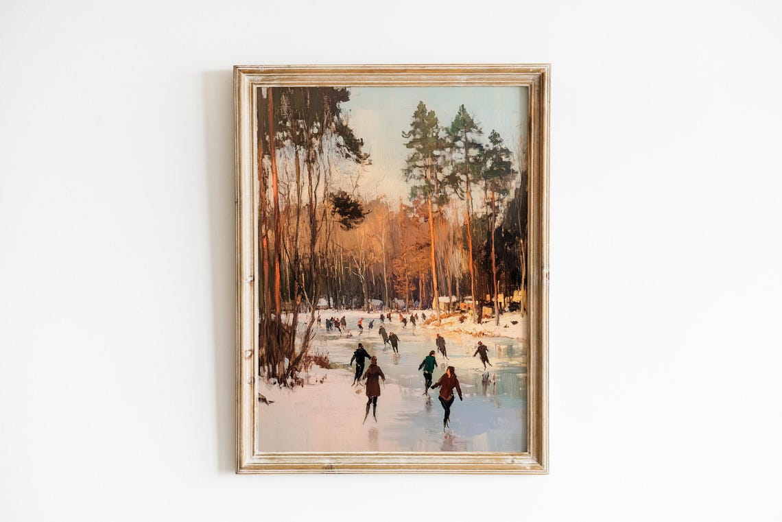 Winter Forest Pond Ice Skaters Cozy Vintage Holiday Art Print