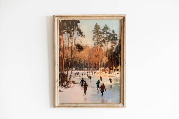 Rustic Winter Village Skating Scene Cozy Vintage Wall Art Serene Pond Painting Evergreen Trees 115