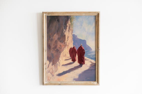 Moody Cliffside Monastery Path Print Two Monks In Red Robes Spiritual Landscape Art Earthy Tones 638