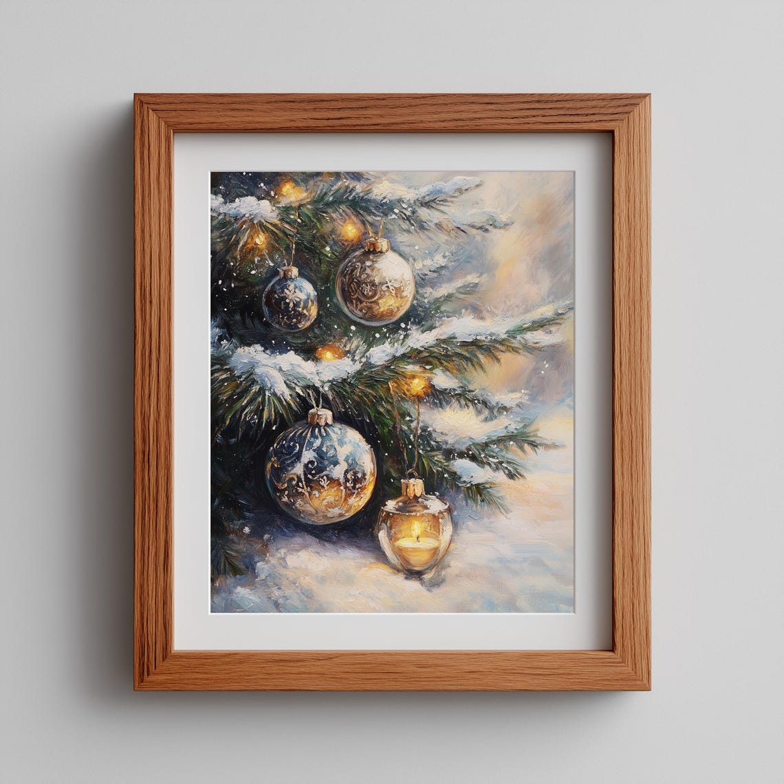 Snowy Evergreen Branches with Blue Ornaments Vintage Winter Art Poster