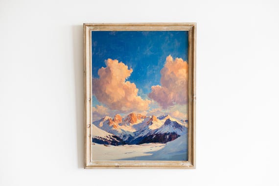 Majestic Snowcapped Mountain Peaks With Clouds Serene Atmospheric Landscape Art Oil Painting Wall Decor 659