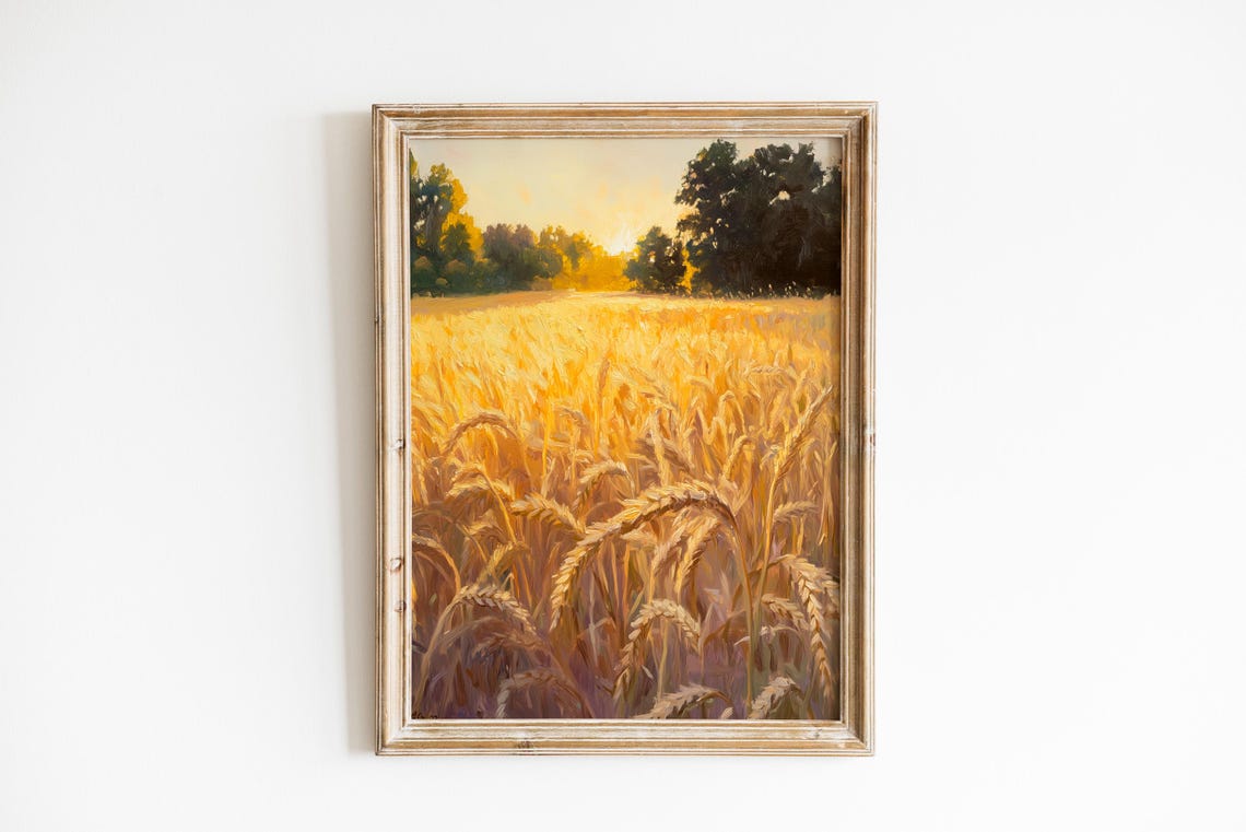 Golden Wheat Field Glowing at Sunrise Rustic Farmhouse Wall Art