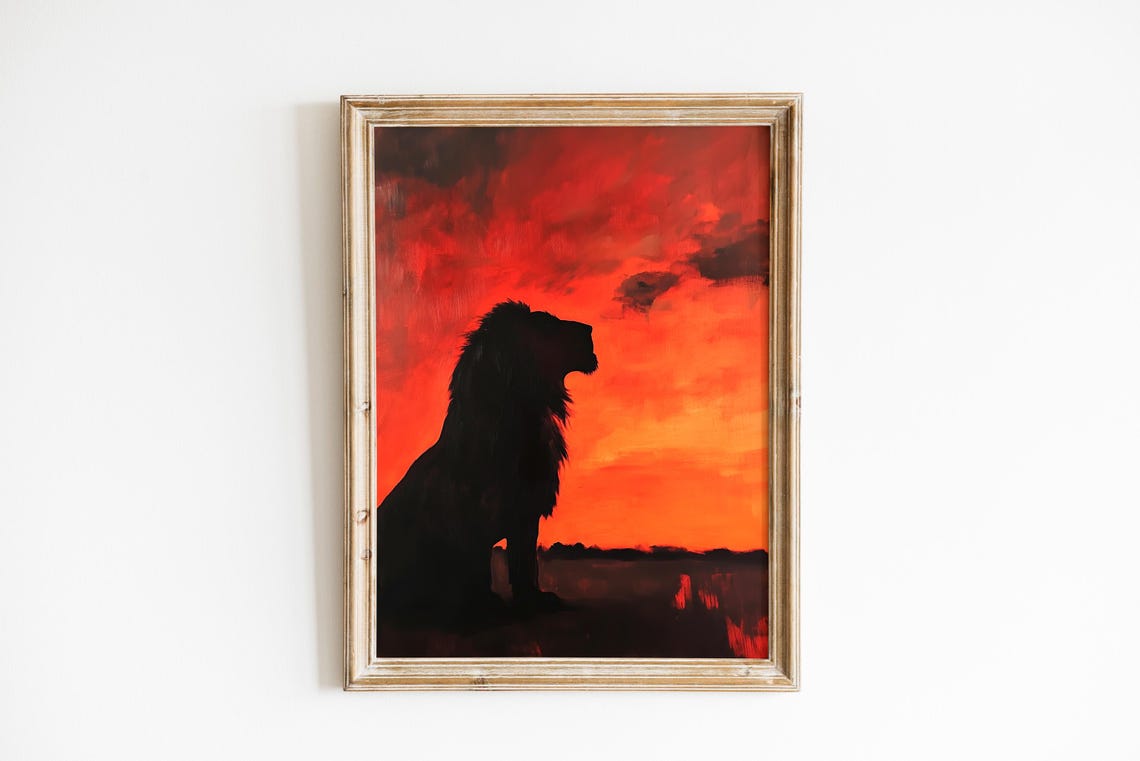 Dramatic Lion Silhouette at Fiery Red Sunset Safari Wall Art
