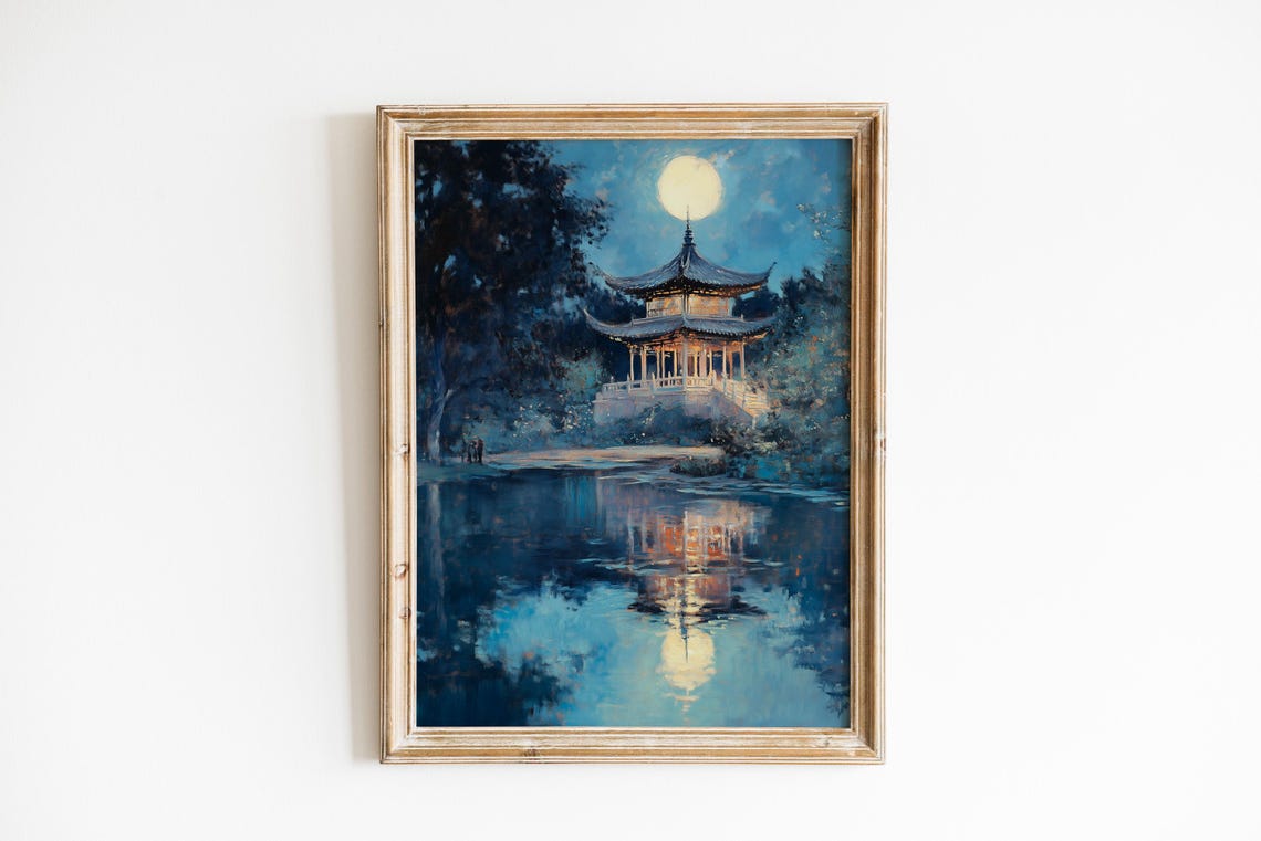 Moonlit Pagoda by Still Water Night Reflection Asian Landscape Poster