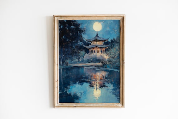 Moody Moonlit Pagoda Painting Serene Night Landscape Asianinspired Wall Art Tranquil Pond Reflection 654