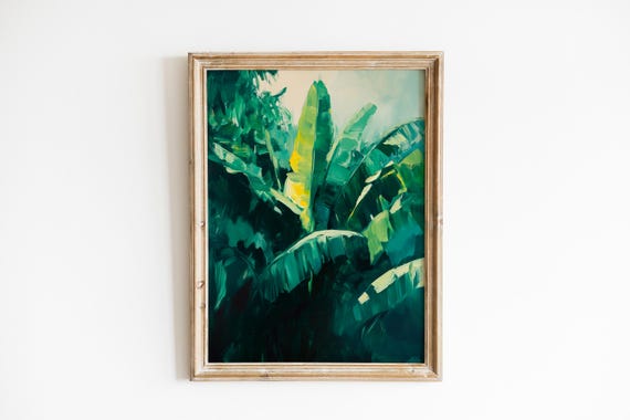 Tropical Banana Leaves Wall Art Moody Green Botanical Painting Lush Vintage Decor Instant Nature Print 735
