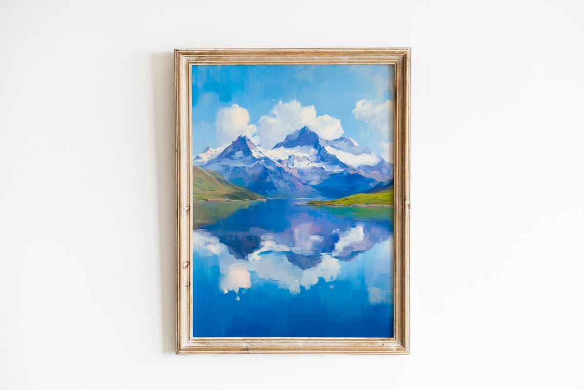 Snowcapped Peaks Mirrored in Still Alpine Lake Mountain Art Poster