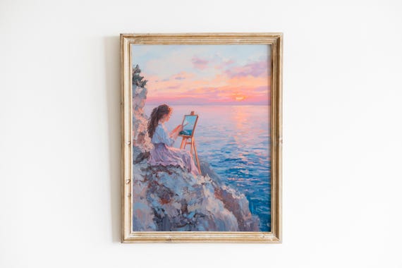 Moody Coastal Sunset Art Serene Young Artist Painting Impressionistic Wall Decor Romantic Scene 226