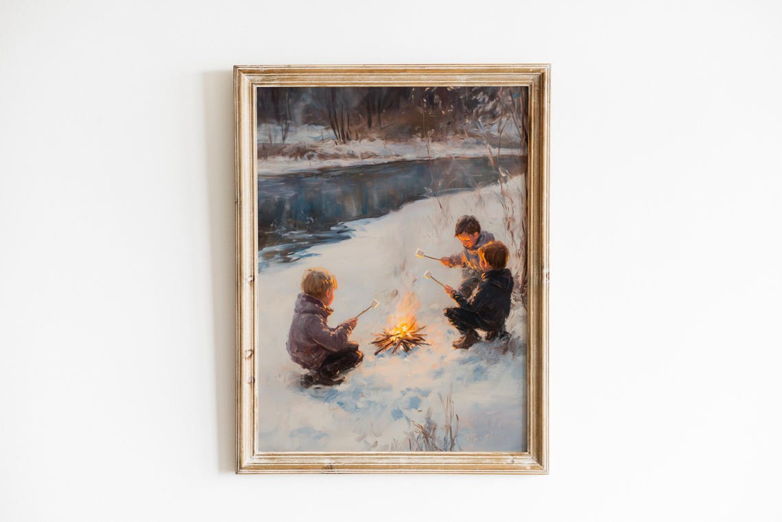 Cozy Vintage Winter Scene Print Children By Campfire With Marshmallows Nostalgic Frozen Pond Art Wall Decor 646