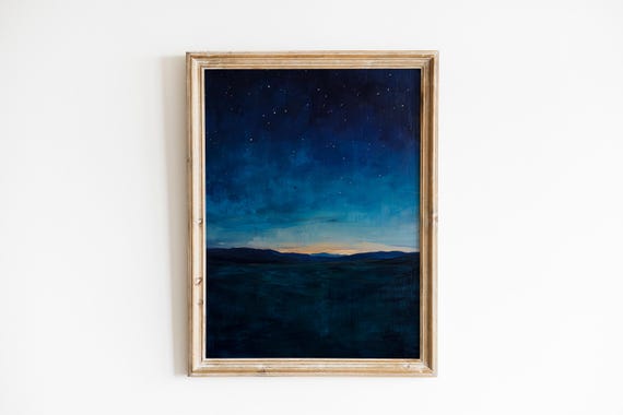 Moody Night Landscape Serene Nightfall Over Endless Plains Deep Navy Teal Sky Rustic Farmhouse Wall Art 718