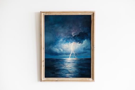 Lightning Strike Over Ocean Stormy Seascape Dramatic Oil Painting Poster