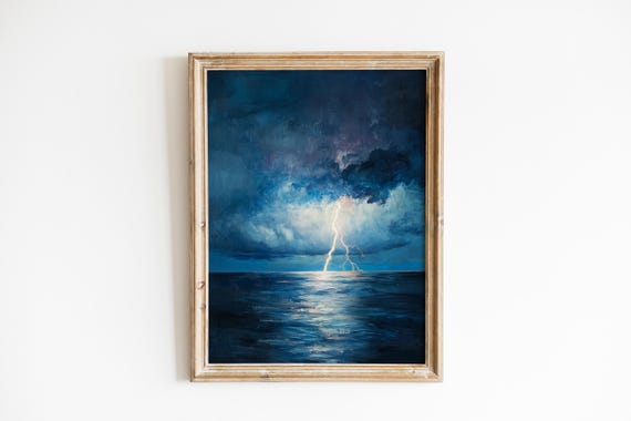 Moody Lightning Strike Over Distant Ocean Dramatic Coastal Seascape Art Textured Stormy Wall 580