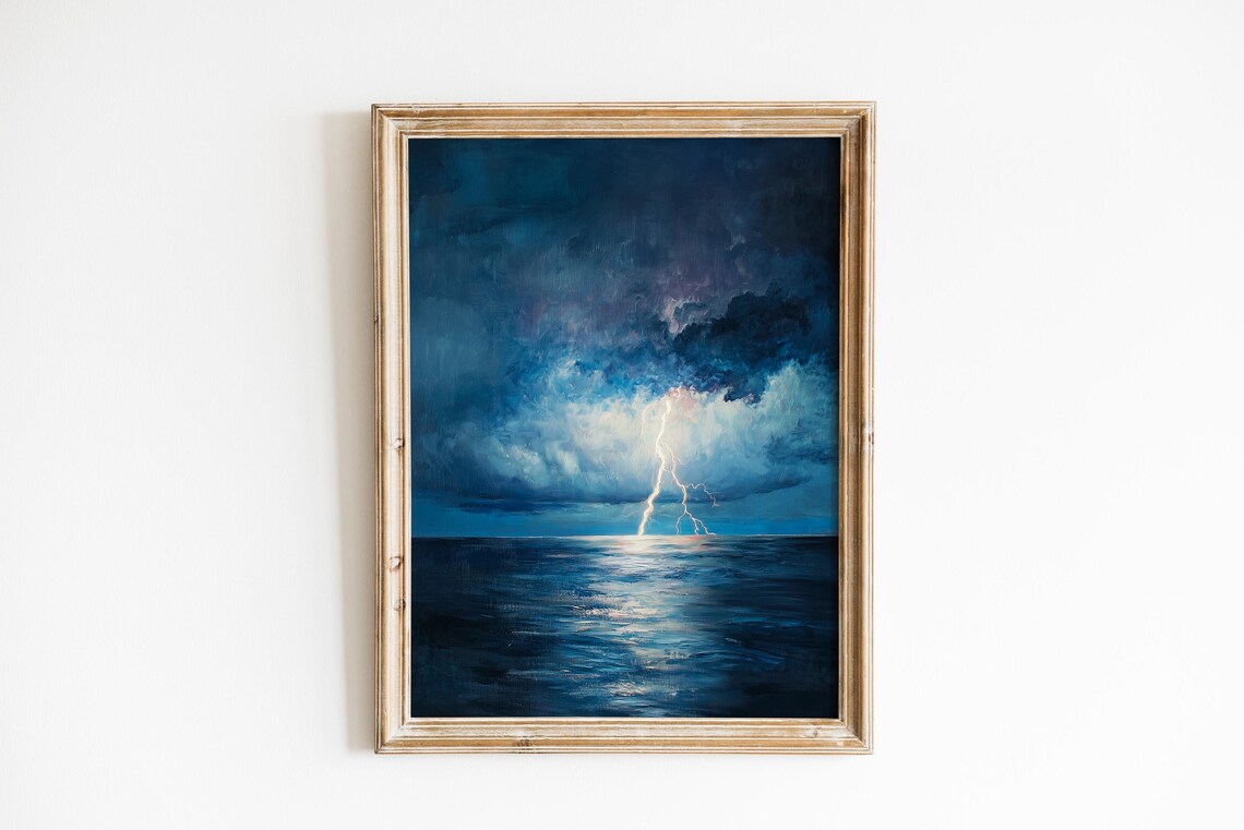 Lightning Strike Over Ocean Stormy Seascape Dramatic Oil Painting Poster