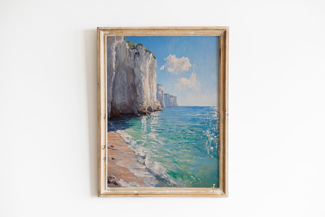White Cliffs Turquoise Sea Vintage Coastal Oil Painting Poster