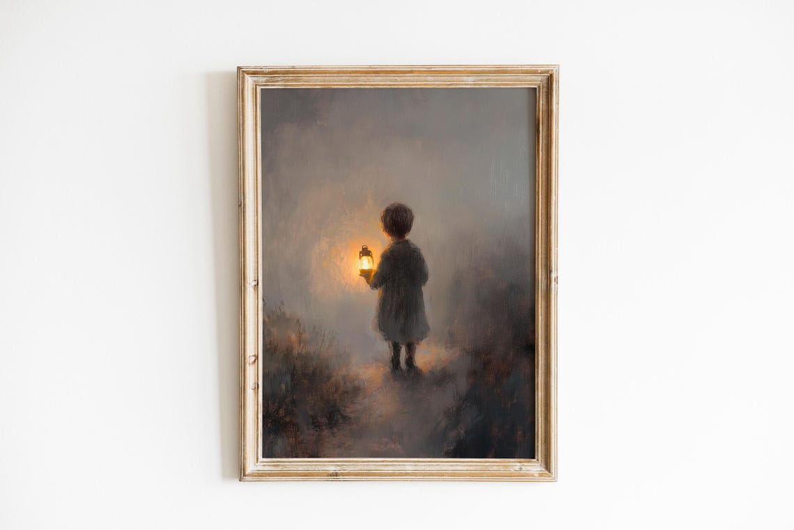 Lonely Child with Lantern Standing in Thick Night Fog Wall Art