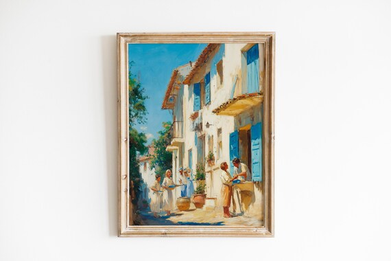 Sunny Mediterranean Village Street Neighbors Blue Shutters Poster