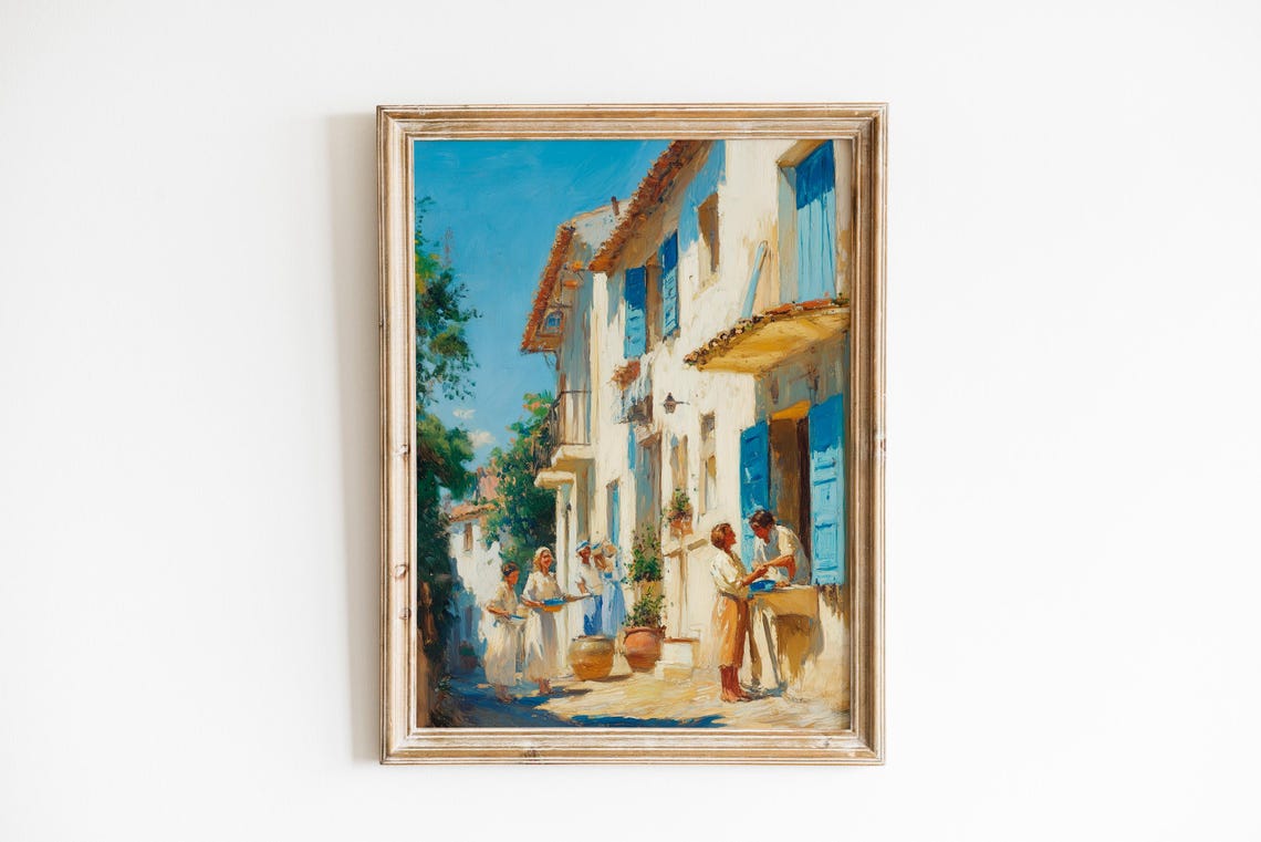 Sunny Mediterranean Village Street Neighbors Blue Shutters Poster