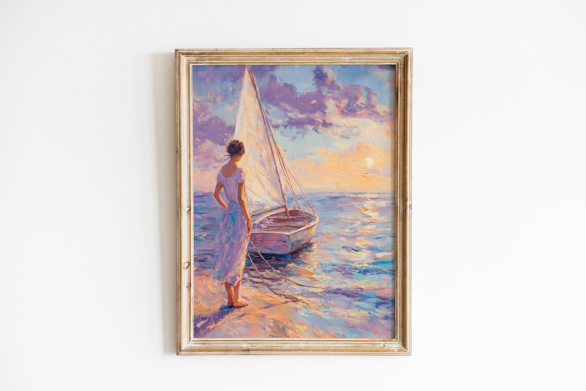 Woman Sailboat Sunset Beach Pastel Impressionist Oil Painting Wall Art