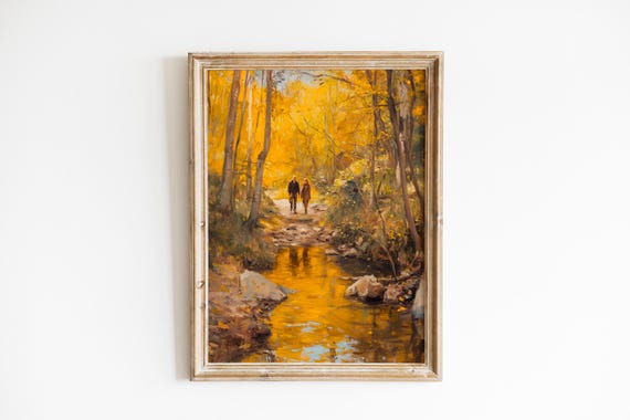 Charming Couple In Autumn Woods Romantic Fall Landscape Moody Rustic Artwork Cozy Streamside Scene Golden Trees Wall Art 1030