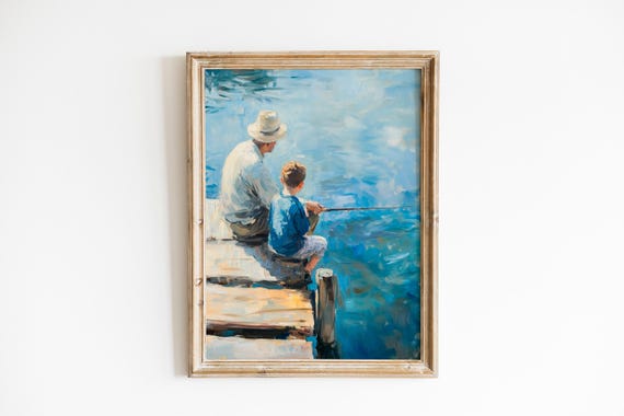 Rustic Child Fishing Scene Cozy Coastal Wall Art Family Bonding At Pier Timeless Impressionistic Decor 177