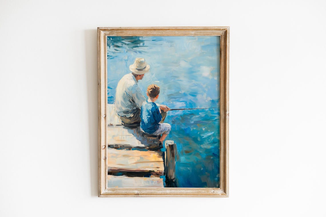 Rustic Child Fishing Scene Cozy Coastal Wall Art Family Bonding At Pier Timeless Impressionistic Decor 177